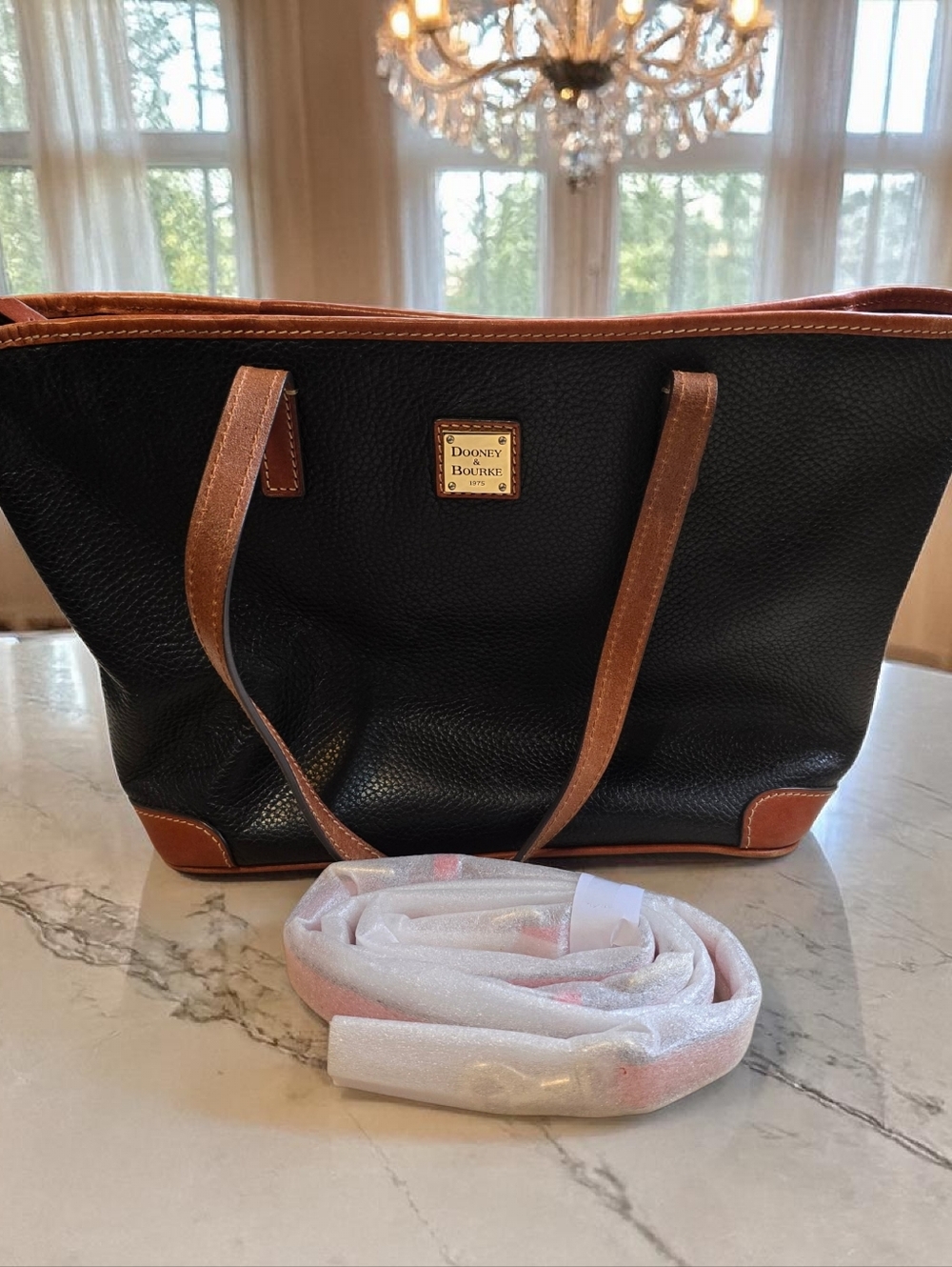 Dooney & Bourke Black Pebbled Leather Tote Brown Trim + NEW Red Leather Strap - Picture 7 of 9